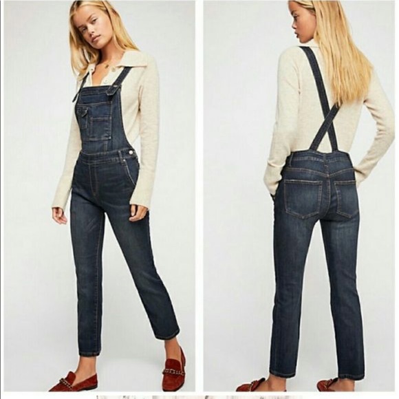 Size 26 Free People Brady Wash Denim Overalls with Intentional Distressing - Picture 4 of 8